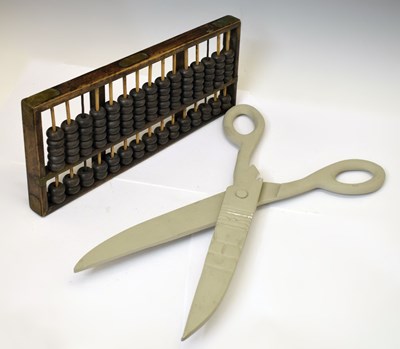 Lot 429 - Pair of large painted wood shop display scissors, etc