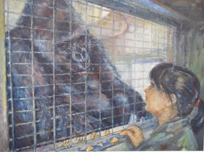 Lot 583 - Rachel Hemming Bray (British, b.1947) - Oil on board - 'The Gorilla and Keeper Bond'