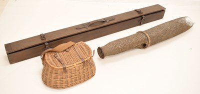 Lot 322 - Vintage wicker eel bait trap, a wicker fishing creel, and a wooden fishing rod box