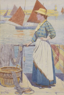 Lot Ralph Todd RA, Newlyn School (British 1856-1932), Watercolour - Lady at the Harbourside