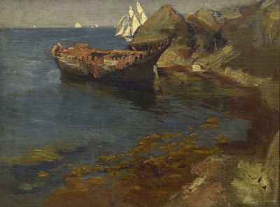 Lot Early 20th century Newlyn School - Oil on canvas - Moored boats by coastal cove