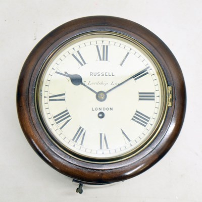 Lot 677 - Early 20th century mahogany framed small single fusee wall clock by Russell