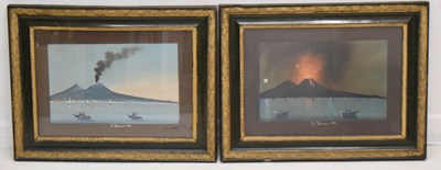Lot 634 - Pair of early 20th century gouache studies depicting Mount Vesuvius night and day