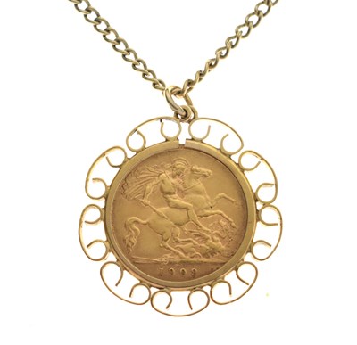 Lot 26 - Edward VII gold half sovereign, 1909, in 9ct gold mount with chain