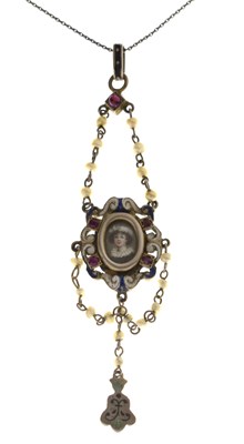 Lot 38 - Mid 19th century ruby, seed pearl, enamelled parcel gilt pendant necklace