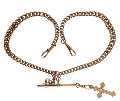Lot 145 - Rose metal graduated curb link Albert, and a cross pendant, stamped 9ct