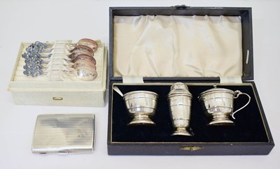 Lot 290 - George VI cased silver three piece cruet set, George V cigarette case, Scandinavian white metal spoons