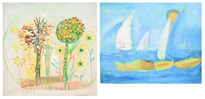 Lot 618 - Elsbeth Buff (British, 20th century) - Oil on canvas of sailing boats and abstract oil on board