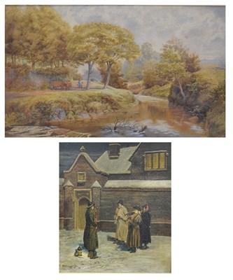 Lot 619 - Oil on canvas, winter scene, together with a 19th century watercolour landscape