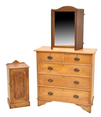 Lot 580 - Birch chest of drawers, bedside and oak triptych mirror