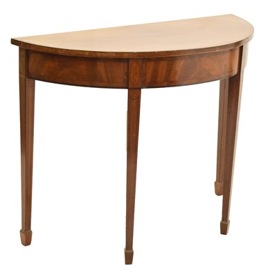 Lot 701 - Mahogany demi lune side table, label of H. Day & Son, West Norwood and Dulwich