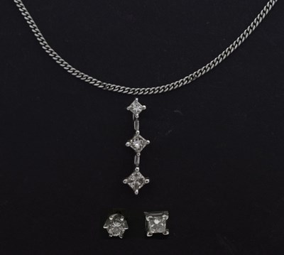 Lot 185 - Three-stone princess cut diamond 18ct white gold pendant, etc
