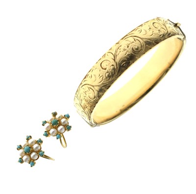 Lot 186 - Pair of pearl and turquoise cluster 9ct gold earrings and a '9ct metal core' snap bangle