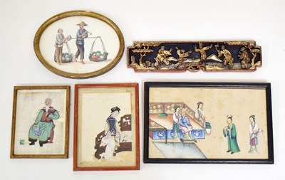 Lot 528 - Group of four Chinese watercolours on 'rice' paper plus carved panel