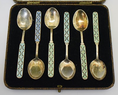 Lot 336 - Set of six Norwegian white metal and enamel demi tasse coffee spoons