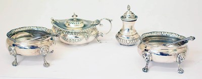 Lot 284 - Pair of Victorian silver table salts, Victorian mustard pot and a pepperette