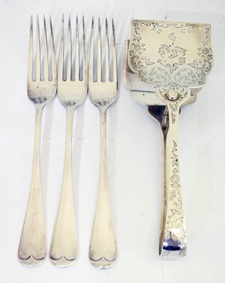 Lot 309 - Pair of Edward VII silver asparagus tongs, and three George V Old English pattern table forks
