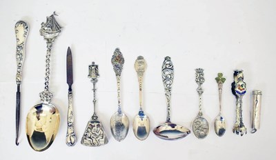 Lot 337 - Quantity of white metal spoons to include Canadian souvenir spoon, etc