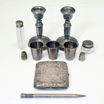 Lot 282 - Collection of small silver and white metal items to include a pair of low candlesticks