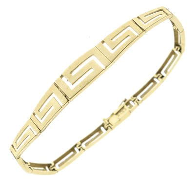 Lot 153 - Graduated Greek key design panel bracelet, stamped 585