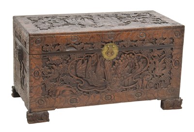 Lot 575 - Chinese carved camphor wood bedding chest or trunk