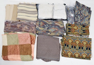 Lot 523 - Assorted textiles to include two pairs of cotton Liberty print cream lined curtains