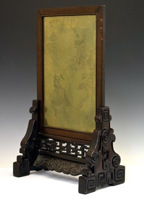Lot 246 - Chinese carved hardwood and brass table 'discretion' screen