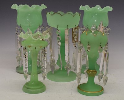 Lot 696 - Pair of opaque green glass lustres