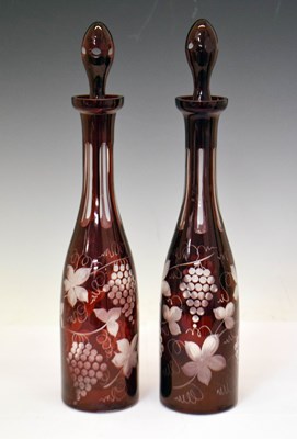 Lot 380 - Pair of Bohemian ruby flashed hock decanters