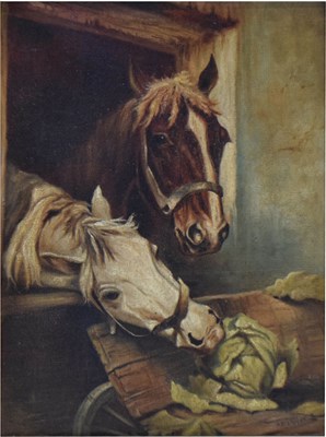 Lot 485 - A. B. (Early 20th century) - Oil on canvas - Two horses in a stable
