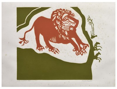 Lot 369 - Edward Bawden (British, 1903-1989) - Limited edition linocut in colours - Lion and Zebras