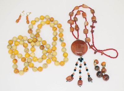 Lot 96 - Carnelian agate bead necklace and 'amber' bakelite necklace, etc