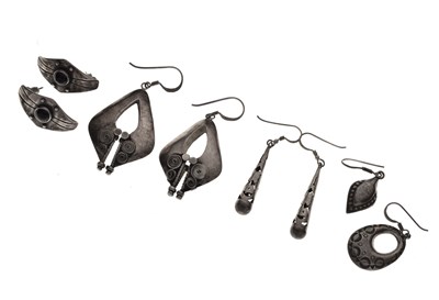 Lot 80 - Three pairs of white metal Scandinavian-style earrings, etc