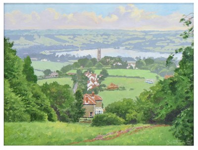 Lot 518 - Martin J. Bentham (b.1961)- Oil on board - Blagdon from above Sladacre Lane, July