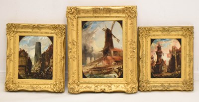 Lot 482 - Set of three Dutch or Flemish oils on canvas - Street scenes and windmill