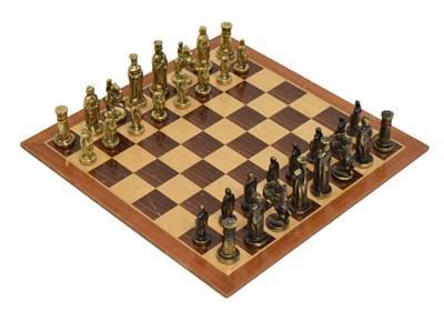 Lot 368 - 20th century brass chess set with parquetry board