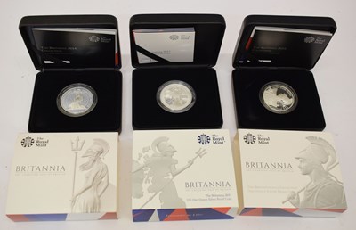 Lot 218 - Elizabeth II - Royal Mint - Three one-ounce silver proof Britannia coins, 2014, 2015, and 2017