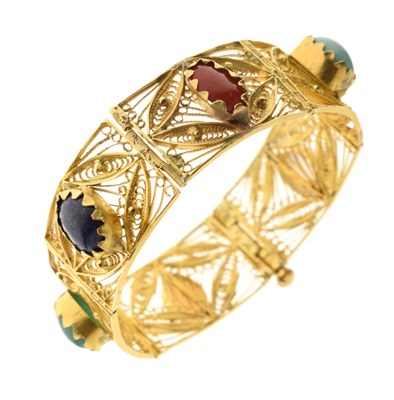 Lot 77 - Indian yellow metal bracelet set six cabochon gemstones