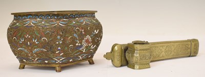 Lot 459 - Eastern brass pen case (qalamdan divit) and enamel pot