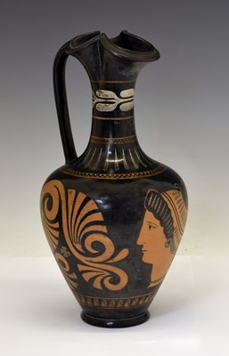 Lot 171 - Southern Italian (Apulian) style redware oinochoe, decorated with a 'Lady of Fashion'