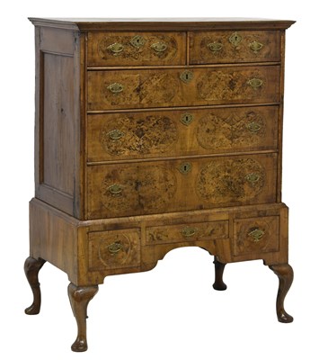 Lot 525 - Early 18th century figured walnut and burr walnut veneered chest on stand