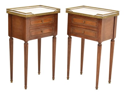 Lot 547 - Pair of French marble topped mahogany bedside cabinets