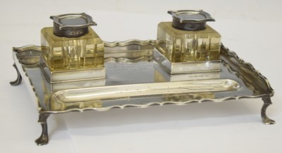 Lot 163 - George V silver desk stand with two cut glass inkwells