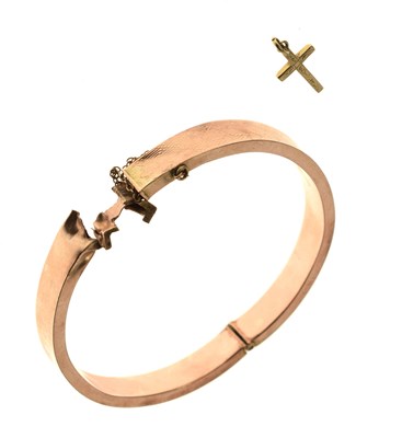 Lot 76 - George V 9ct rose gold snap bangle (a/f), and a 9ct gold cross pendant