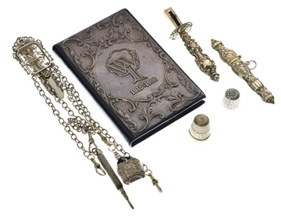 Lot 147 - Collection of silver and white metal items to include chatelaine, WI book, etc