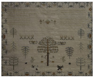 Lot 161 - George IV pictorial needlework sampler, dated 1820 by Hannah Moore
