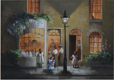 Lot 516 - Deborah Jones (British, 1921-2012) - Oil on board - 'Dolly's Toy Shop'