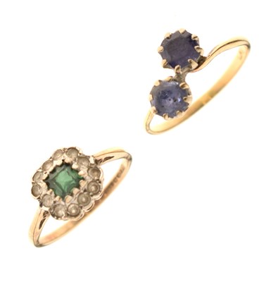 Lot 29 - Two-stone yellow and white metal ring and a green and white stone 9ct gold cluster ring (2)