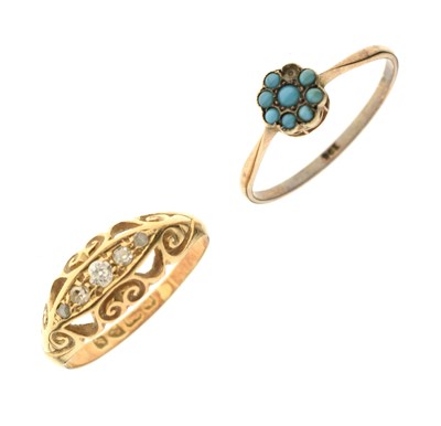 Lot 32 - George V 18ct gold five-stone diamond ring, and yellow metal (9ct) turquoise ring