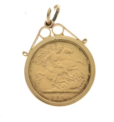 Lot 177 - Victorian half sovereign, 1894, in a 9ct pendant mount